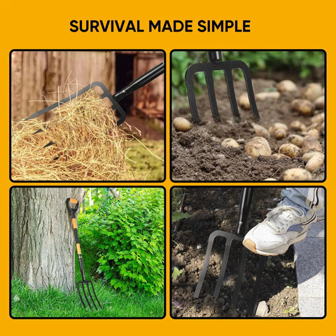 Garden Fork With Ergonomic D Shaped Orange Grip And Fiberglass Handle 4 Tine Pitchforks in use for digging soil.