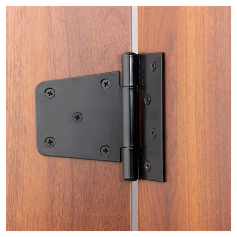 Hard As Nails Black Iron Hinges 4.5 Inch mounted on wooden door, showing rust-proof finish and hardware detail.