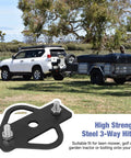 Dang Tough Heavy Duty Steel 3 Way Trailer Hitch Riser Drop Adapter with pin and mounting bolts shown on vehicle towing trailer.