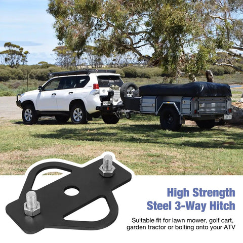 Dang Tough Heavy Duty Steel 3 Way Trailer Hitch Riser Drop Adapter with pin and mounting bolts shown on vehicle towing trailer.