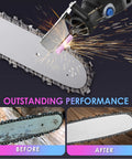 Close-up of chainsaw blade sharpened with 13 Piece Chainsaw Sharpening Kit With Dremel A67902 Attachments For Chainsaws Mowers And DIY Projects This All In One Sharpening Set Keeps Your Tools Sharp On The Job Or On The Go At Home.