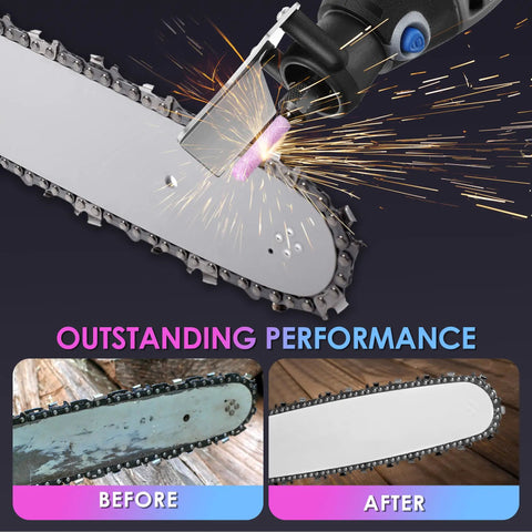 Close-up of chainsaw blade sharpened with 13 Piece Chainsaw Sharpening Kit With Dremel A67902 Attachments For Chainsaws Mowers And DIY Projects This All In One Sharpening Set Keeps Your Tools Sharp On The Job Or On The Go At Home.