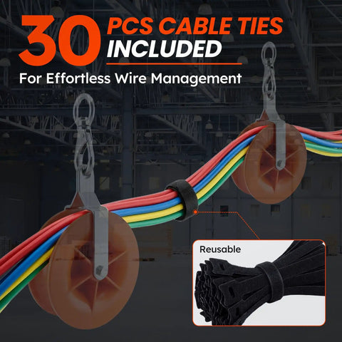 Two Pack Heavy Duty Cable Pulley Featuring A 360 Degree Swivel Ring And Anti Friction Bearing For Smooth As Butter Operation With Rust Resistant Bracket Chamfered Edges Protect Your Lines During Everyday Rigging Tasks, includes 30 reusable cable ties for wire management.