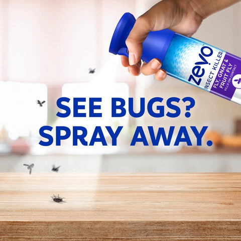 Fast Acting Flying Insect Killer Spray Tough Love Formula For Home Nukes in hand targeting fruit flies and gnats.