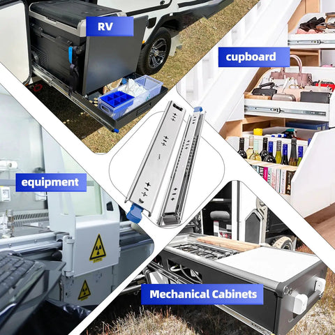 Beefy Heavy Duty Locking Drawer Slides Set For Cabinets RVs Tool Boxes And Trash Cans With Auto Lock Dual Side Unlocking Handles Full Extension Ball Bearing Rails 14 To 40 Inch 260 Lb Capacity Compatible Rails used in RV, cupboard, equipment and mechanical cabinets