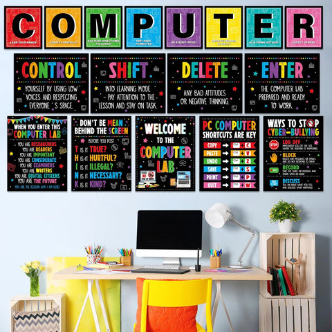 19 Poster Pack for Computer Lab and Computer Science Classrooms, wall art with keyboard shortcuts and classroom rules