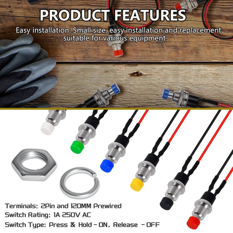 12 Pack Mini 7mm Momentary Push Button Switch Kit, 1A 250V SPST Normally Open, 2 Pin Terminals, 6 Prewired Round Push Buttons PBS 110, Perfect for DIY Projects Arcade Cabinets Controllers And Electronics. 7mm metal mini push buttons with colored caps, nuts, and prewired leads