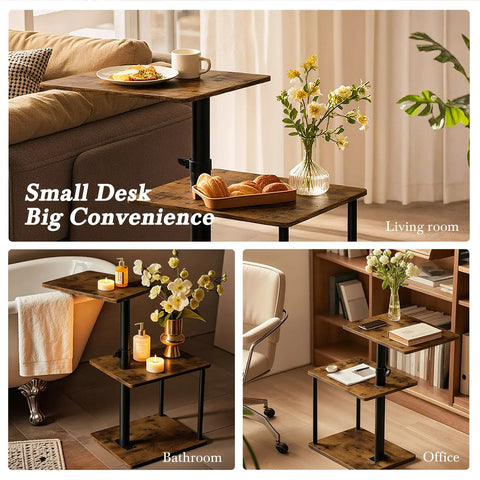 C Shaped End Table With 360 Degree Swivel Height Adjustable Sofa Side Table With Storage Open Shelf 3 Tier Night Stand TV Tray For Small Spaces Rustic Brown Living Room Bedroom in assorted settings