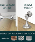 Heavy Duty Magnetic Door Stopper Finished In Sleek Satin Nickel To Lock Doors Wide Open And Nip Nasty Wall Scuffs In The Bud While Blocking Ugly Slap Damage, showing wall and floor mount options.