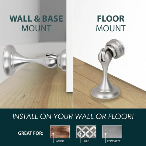 Heavy Duty Magnetic Door Stopper Finished In Sleek Satin Nickel To Lock Doors Wide Open And Nip Nasty Wall Scuffs In The Bud While Blocking Ugly Slap Damage, showing wall and floor mount options.