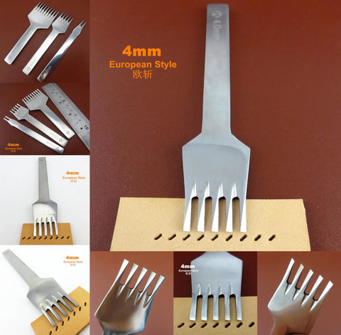 Three Piece 4Mm Leather Stitching Chisel Set With 2 Prong, 5 Prong, And 9 Prong shown on leather and ruler for size reference.