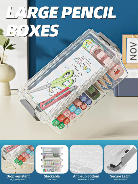 Mega Spacious 4 Pack Clear Plastic Pencil Cases With Huge Storage Power Perfect For Taming Markers Crayons Pens And All Your Sweet Stationery Must Haves In Sleek Grey