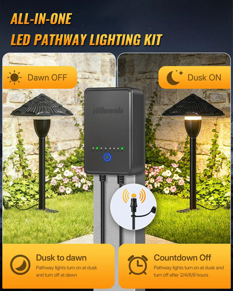 All In One LED Low Voltage Landscape Lighting Kit With Eight Pathway Lights And Transformer One Hundred Foot Wire And Connectors 3000K Waterproof Yard Garden Walkway Lighting For No Fuss Easy DIY Setup showing dusk to dawn feature