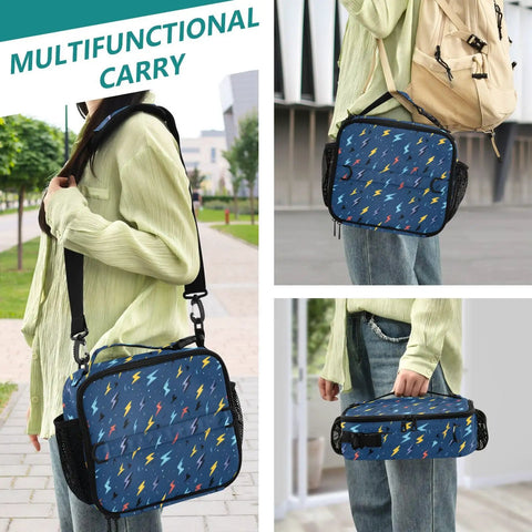 Lightning Bolts Insulated Lunch Bag Dark Blue For Kids And Adults Portable Cooler Tote With Shoulder Straps Keeps Meals Fresh All Day Big Main Compartment Plus Side Mesh Pockets For Drinks Perfect For School Office Travel, shoulder view