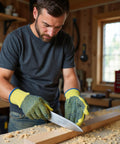 Man woodworking while wearing Yellow Medium Kevlar Knit Cut Resistant Work Gloves For Tough Jobs ANSI Rated Hand Protection.