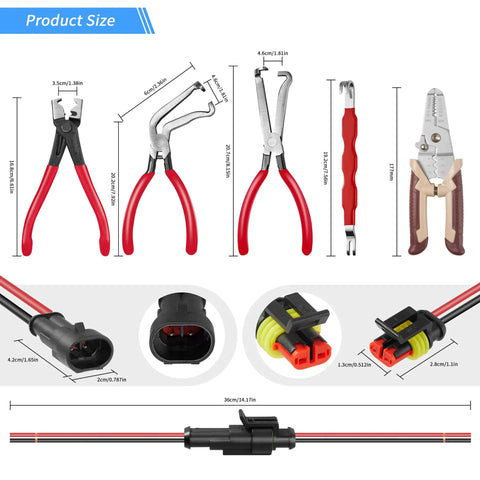 Heavy Duty 11 Piece Electrical Disconnect Pliers And Wire Stripper Kit With Hose Clamp Tool And Six 2 Pin Connector Sets for precise auto wiring.