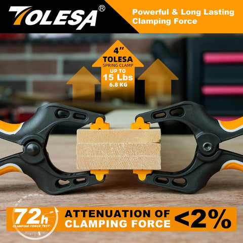 Heavy Duty 4 Inch Spring Clamps Set Of 8 With 30 Lbs Clamping Force holding wood blocks in workshop