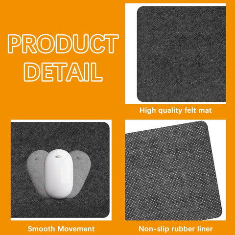 Close-up of Massive Felt Desk Mat 40x16 Inches Non Slip Full Desk Mouse Pad showing felt texture, with mouse and non-slip backing detail.