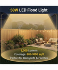 Two Pack 50W LED Flood Lights Outdoor IP66 Waterproof Daylight 6500K 14000 Lumens illuminating a backyard with seating area.