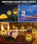 Outdoor Solar Torch Lights Set With 96 LED Beads, glowing in a garden, patio, and camping scene, 43 inch waterproof lamps.