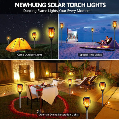 Outdoor Solar Torch Lights Set With 96 LED Beads, glowing in a garden, patio, and camping scene, 43 inch waterproof lamps.