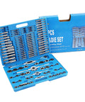 Open blue case of the 110 Piece Metric And SAE Tap And Die Set for Metalworking with alloy steel and titanium tools.