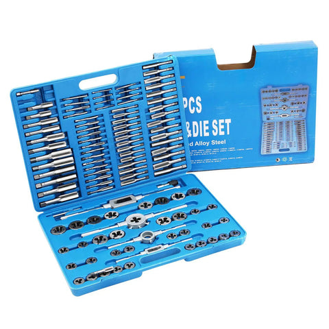 Open blue case of the 110 Piece Metric And SAE Tap And Die Set for Metalworking with alloy steel and titanium tools.