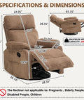 Comfy Brown Corduroy Rocking Chair With 360 Swivel And Gentle Rock, adjustable backrest, dimensions and specifications shown