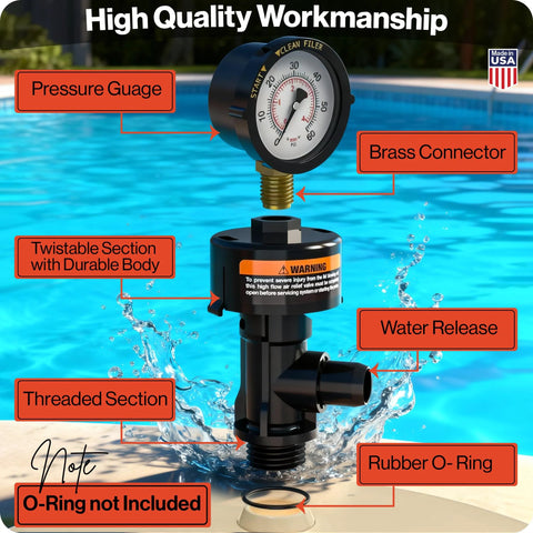 Front view of black air-relief valve with pressure gauge and brass connector for Pentair pool filters