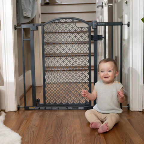 Walk Through Baby And Pet Gate Easy To Use For Doorways And Stairways No Drill Pressure Mount Adjustable in doorway with baby.