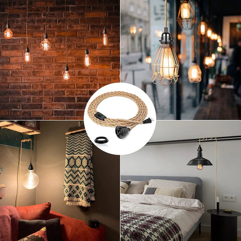Plug In Hanging Pendant Light Fixture With 15 Ft Hemp Rope Cord, E26 Socket, Inline Switch in various room settings