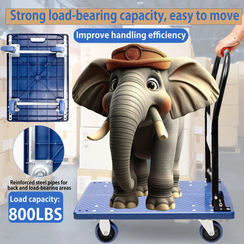 Foldable Push Cart Dolly With 360 Degree Swivel Silent Wheels Heavy Duty Moving Platform Hand Truck shown carrying an elephant