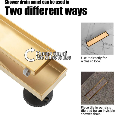 24 Inch Linear Shower Drain With Removable Square Hole Panel In Brushed 304 Stainless Steel, displaying two usage options