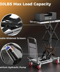 CAMMOO hydraulic lift table cart, gray with red caster wheels, 330 lb capacity, double-scissor lift with non-slip pad