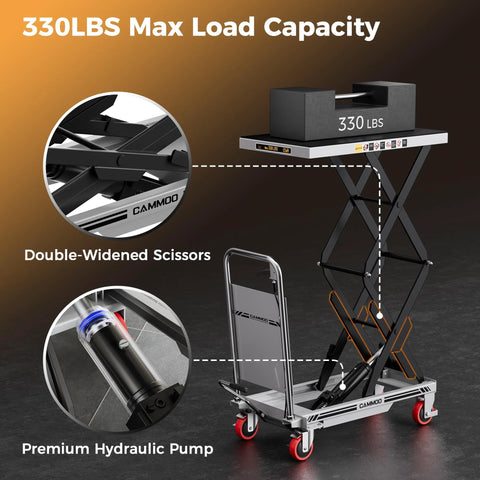 CAMMOO hydraulic lift table cart, gray with red caster wheels, 330 lb capacity, double-scissor lift with non-slip pad