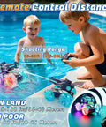 Two kids playing with Amphibious RC Car That Rips On Land And Water 4WD Waterproof Monster With Water Gun near a pool