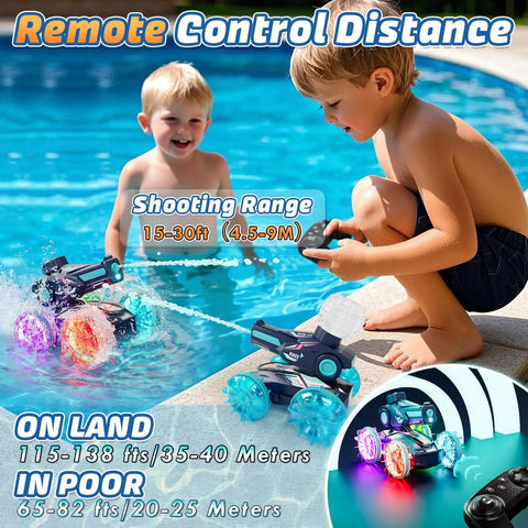 Two kids playing with Amphibious RC Car That Rips On Land And Water 4WD Waterproof Monster With Water Gun near a pool