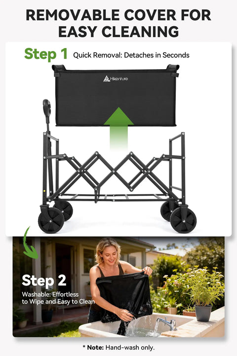 Heavy Duty Folding Wagon Cart With Wheels removable cover being detached and hand-washed, highlighting easy cleaning.