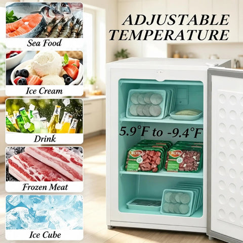 3 Cu Ft Compact Upright Freezer With Reversible Door And Bright White Shell Keeps Your Stash Chill In Tiny Dorms showcasing adjustable temperature settings.