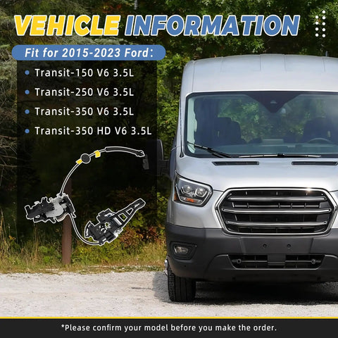 Front view of Ford Transit with door lock latch actuator cable, fits 2015-2023 Transit 150 250 350 350 HD with V6 3.5L engine, for driver side.
