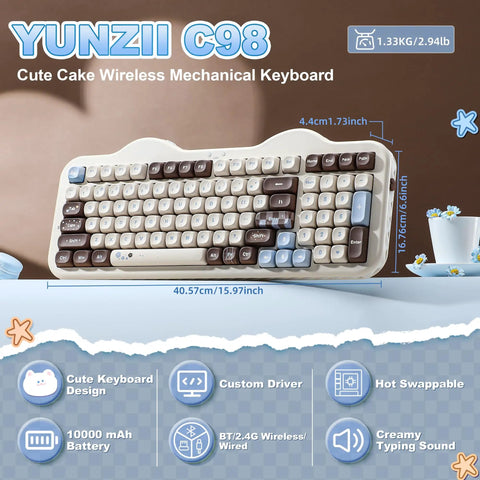 Wireless 98 Key Mechanical Keyboard Offering A Super Cute Cake Inspired Design With Dedicated Numpad Choco Candy Switches Compact Form Factor.