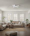 52 Inch Damp Rated Flush Mount Ceiling Fan With Super Quiet DC Motor And Dual Remote Wall Controls in modern living room.