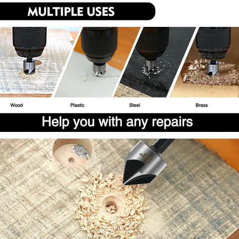 Close-up of Five Piece Countersink Drill Bit Set With 82 Degree, Five Flute, 1/4 Inch Hex Shank, High Speed Steel Bits used on wood and metal