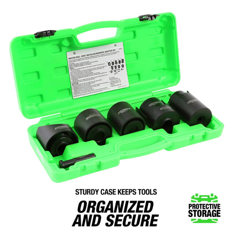 14 Piece Ball Joint Installer And Remover Adapter Set Pro Grade Heavy Duty All In One Universal Kit in green case open view