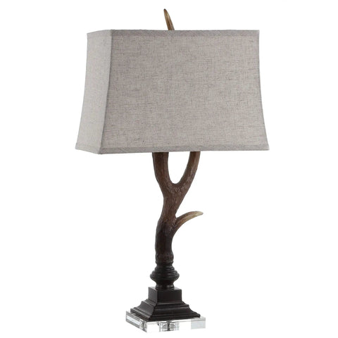Rustic 29.5 Inch Antler Table Lamp With Brown Clear Faux Resin And Crystal Base Light Grey Linen Shade LED Bulb Included UL Listed For Cabin Decor That Elevates Cabin Living Vibe