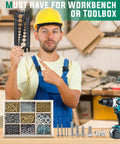 Plastic bolt gauge with metric and SAE sizes held by worker in a workshop; tray of screws, nuts and washers on the table.