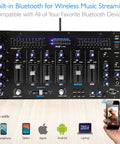 Six Channel Bluetooth DJ Mixer Controller With LED Illumination And Digital Audio Mixing System, front view, connected devices