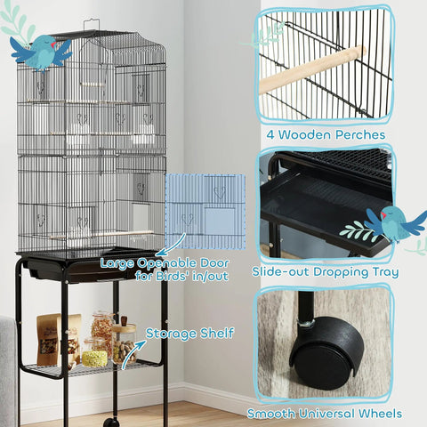 Heavy Duty Sixty Inch Metal Bird Cage With Easy Rolling Stand And Handy Storage Basket For Small Parrots Budgies Plus Full Pet Start Kit Accessories Ready To Treat Your Feathered Crew Black Indoor Flight Habitat