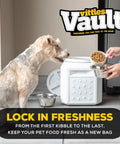 Dog near Vittles Vault Airtight Pet Food Storage Container For Dogs And Cats Keeps Kibble Fresh With Durable Locking Lid