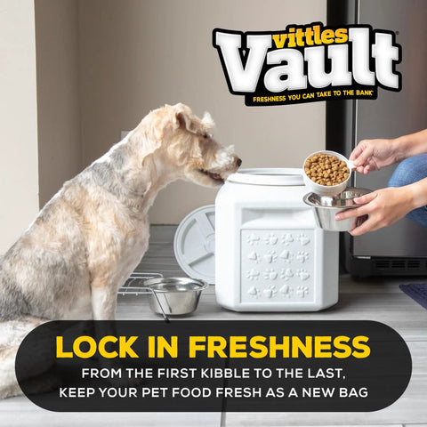 Dog near Vittles Vault Airtight Pet Food Storage Container For Dogs And Cats Keeps Kibble Fresh With Durable Locking Lid